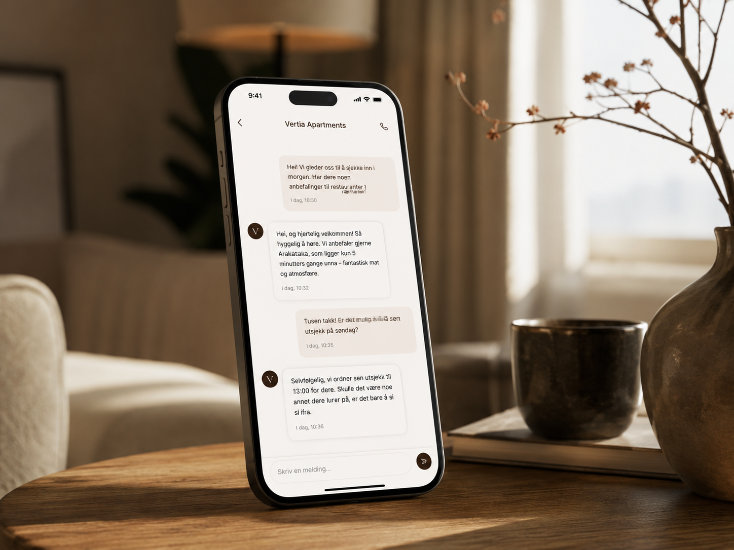 Telefon med gjestedialog i varmt lys på et stuebord