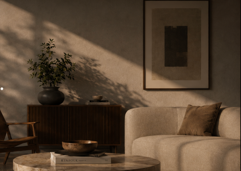Varm, rolig stue i gyllent lys med sofa, lenestol, sideboard og planter